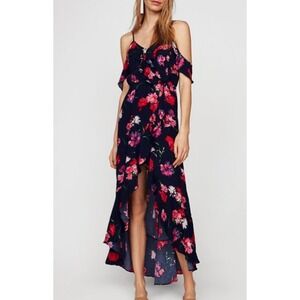 Express Navy Floral Ruffle Cold Shoulder High Low Maxi Dress Large NEW